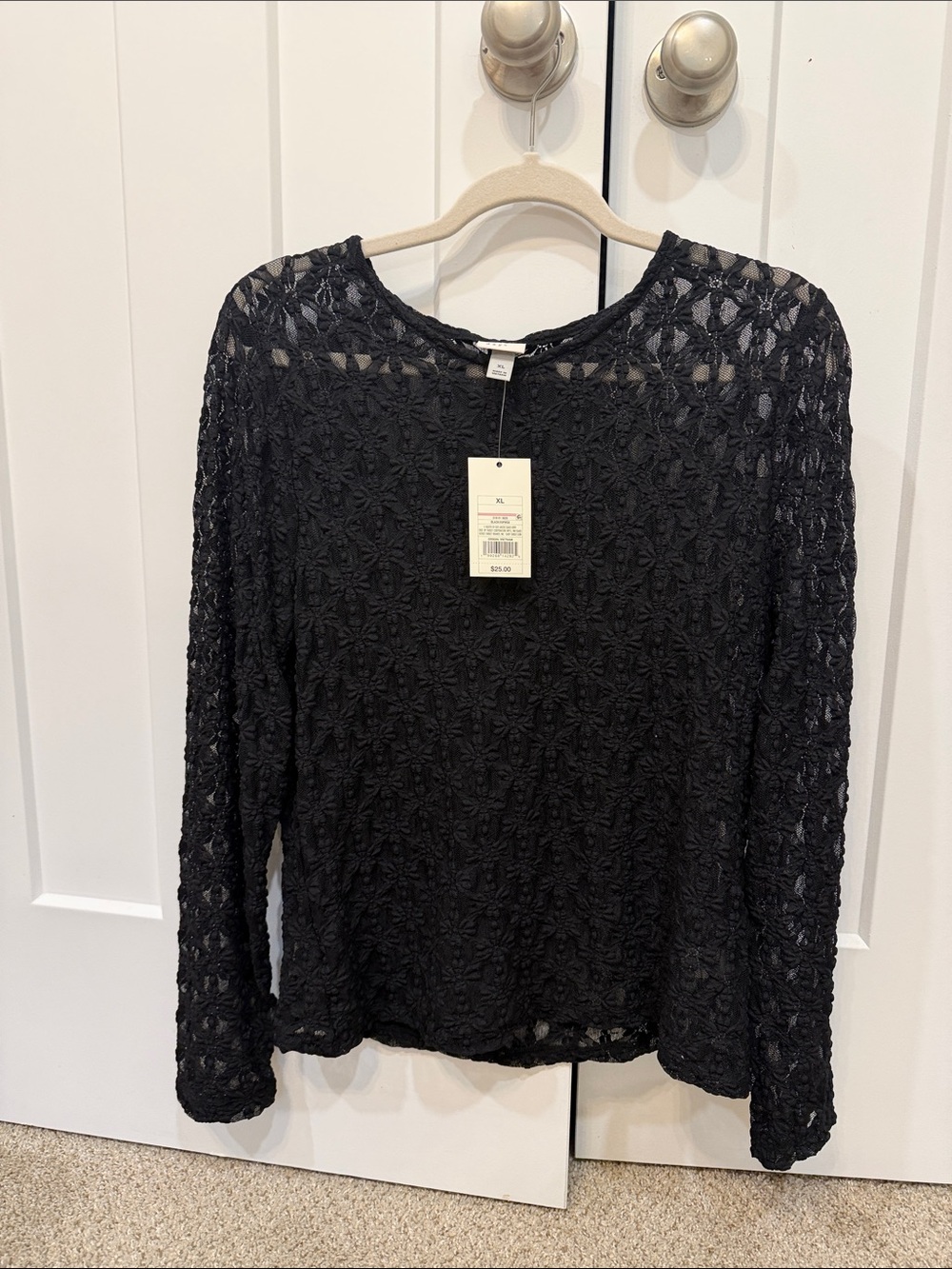 a new day Black Long-Sleeve Crochet Lace Top